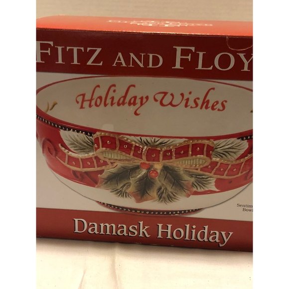Fitz Floyd Damask Holiday Wishes Damask Holiday Sentiment Bowl NOS - Picture 4 of 4